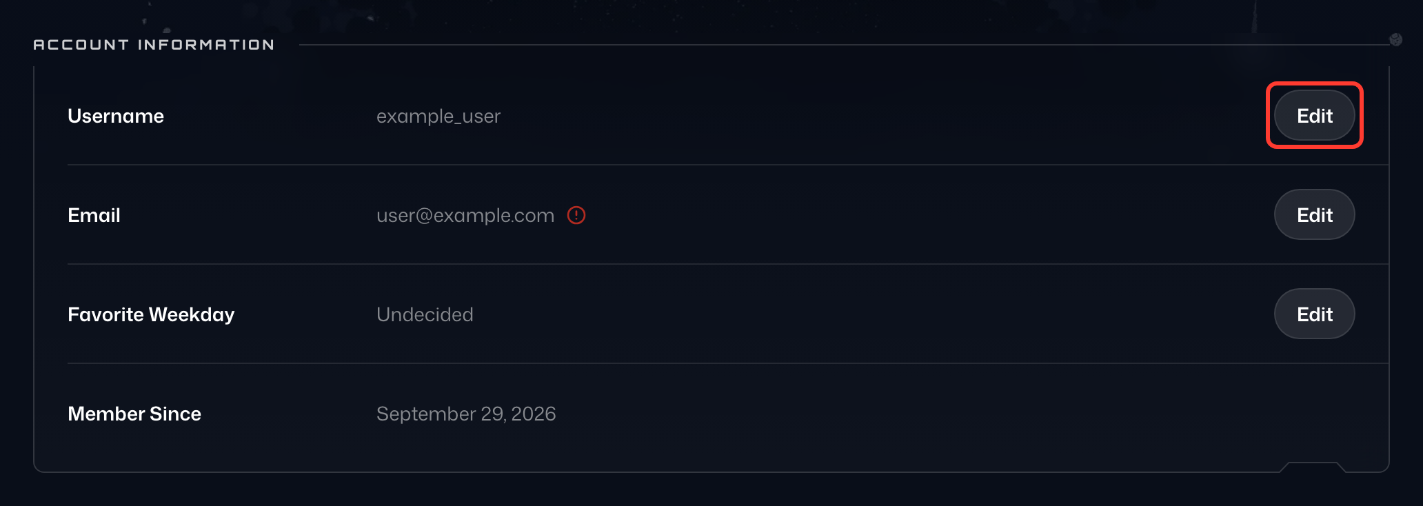 Edit button on the Username row of the Account Information card