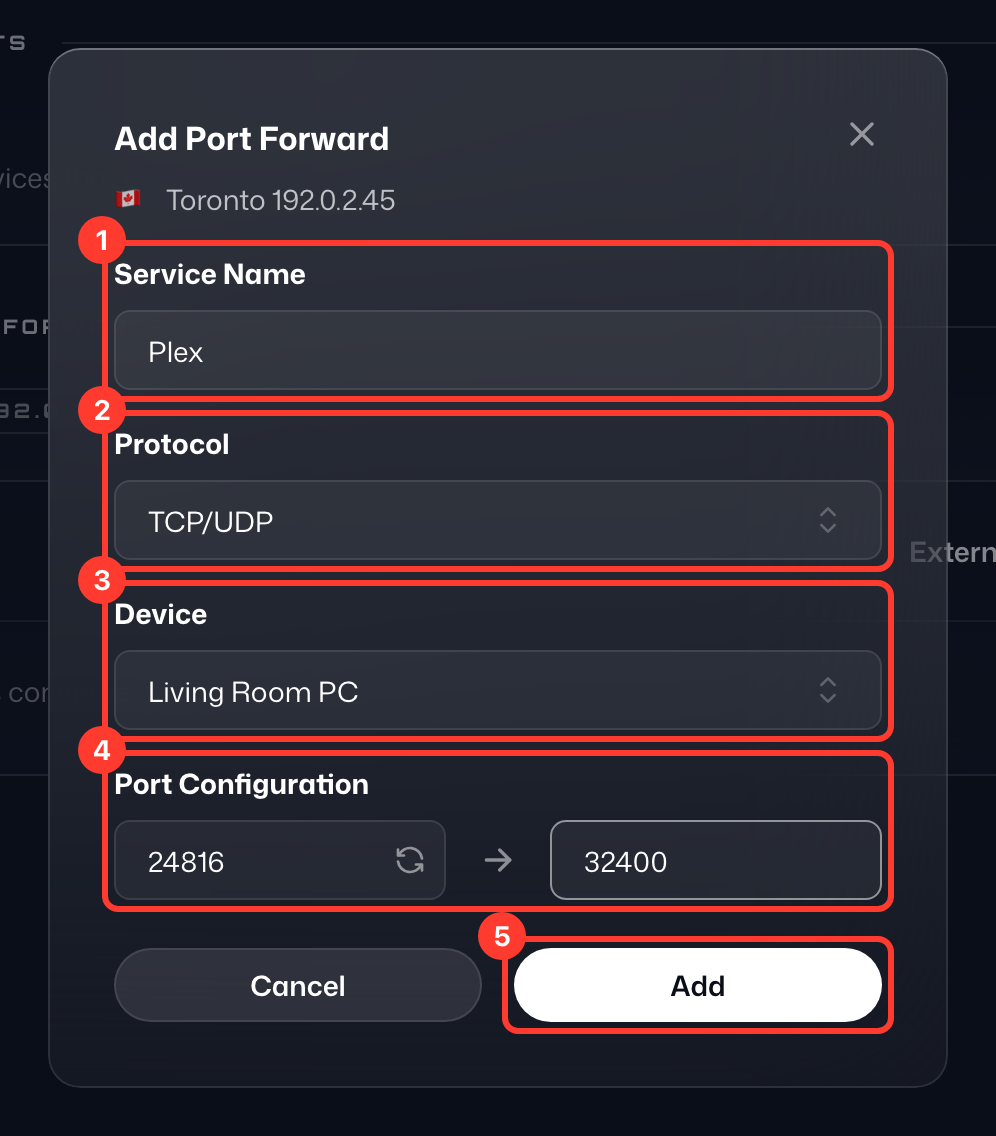 Add Port Forward form with the fields filled in